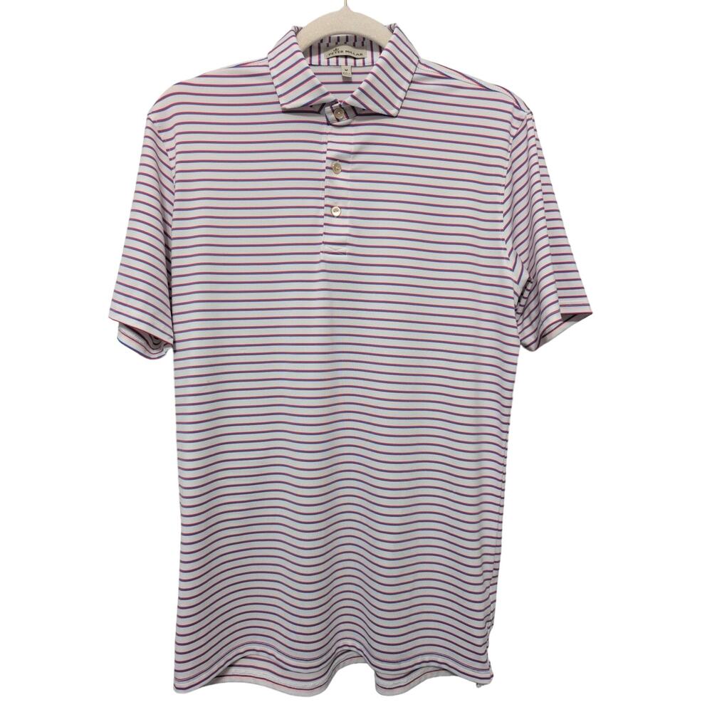 Peter Millar White Polo with Pink and Navy Stripes